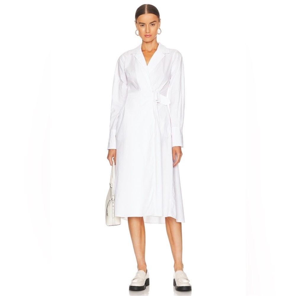 L'Academie Musea Belted Poplin Midi Dress in White, Size: M